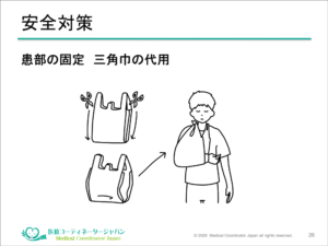 新入社員研修資料スライド「安全対策：患部の固定 三角巾の代用」
